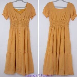 Moon River‎ yellow/gold midi bubble sleeve dress, M